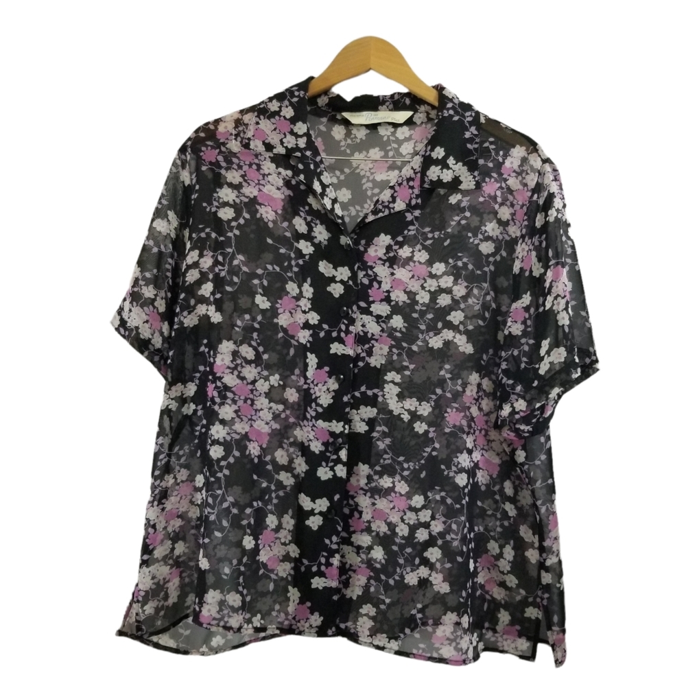 Chic Black and Pink Semi Sheer Blouse with Floral Design Size 2x